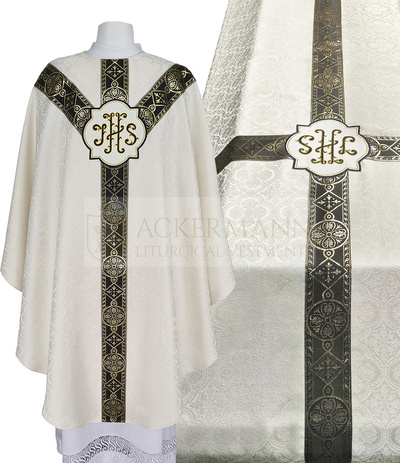 Funeral set of chasuble and funeral pall in cream with black orphreys